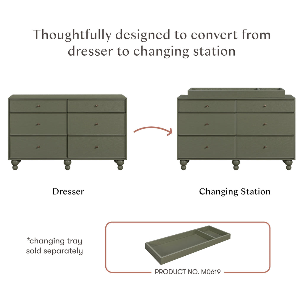 Diagram showing the Astre six-drawer dresser converting into a changing station with a separately sold changing tray