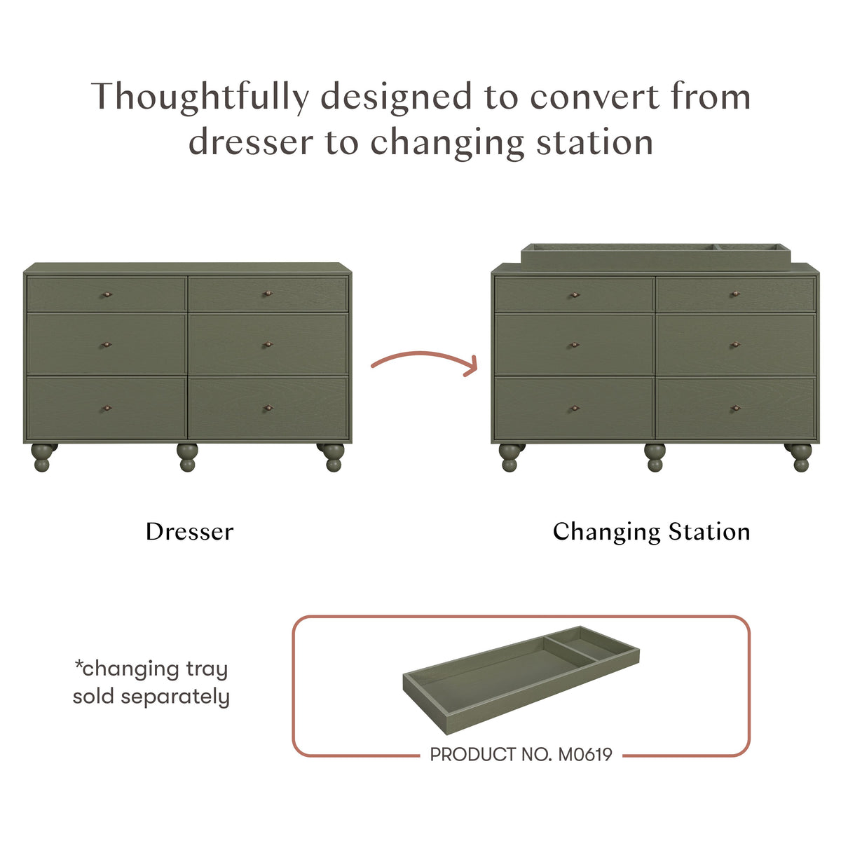 Diagram showing the Astre six-drawer dresser converting into a changing station with a separately sold changing tray