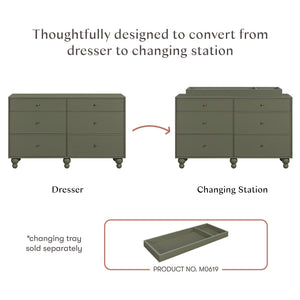 Diagram showing the Astre six-drawer dresser converting into a changing station with a separately sold changing tray