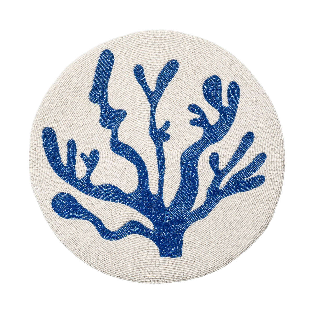 Top view of Coral Hand Beaded Placemat in Cobalt showcasing blue beaded coral design on a white beaded background
