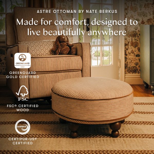 Astre Ottoman by Nate Berkus in Performance Bronze Stripe Eco-Crossweave with Toffee feet