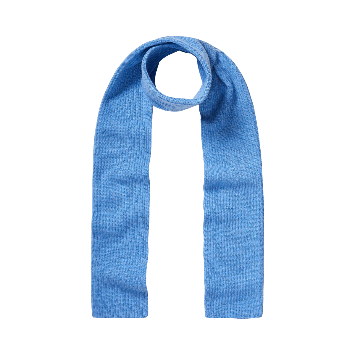 Front view of Blue Solid Scarf with Thin Stripe showcasing chunky ribbed cashmere knit with a black background