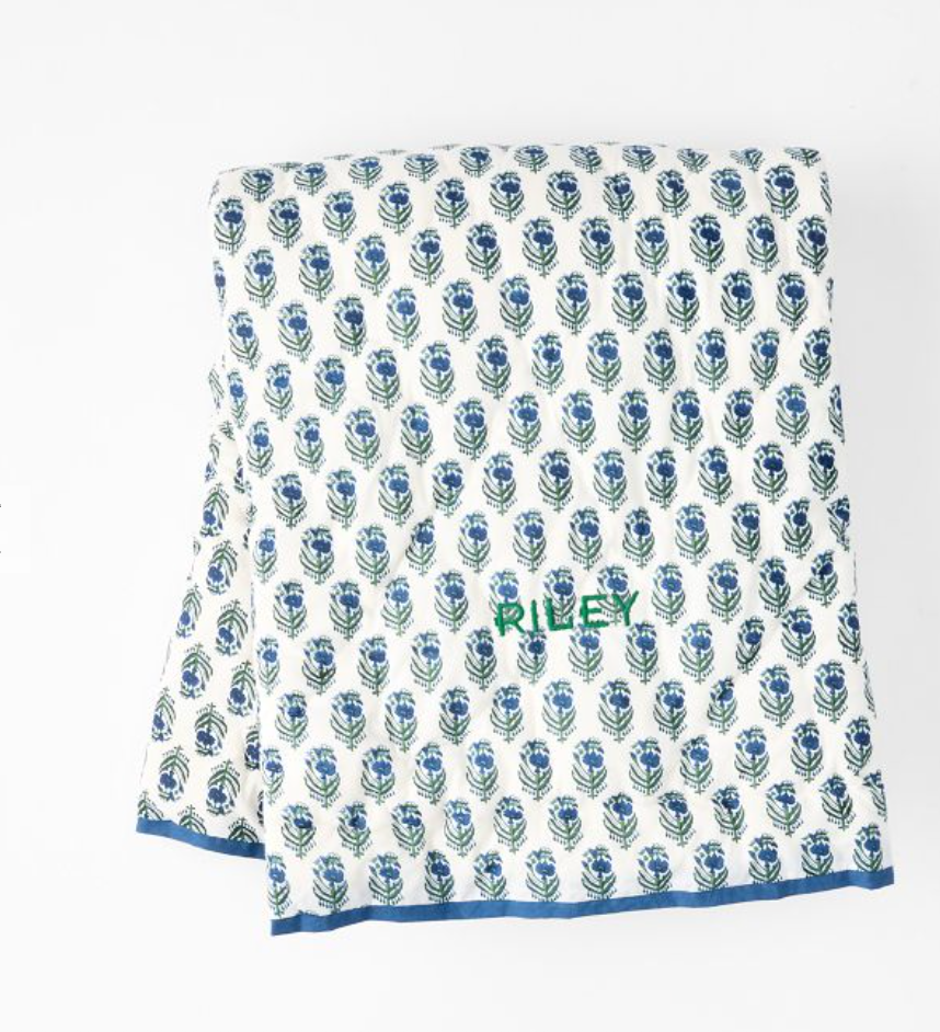 Block Print Quilted Blanket- Blue Flower