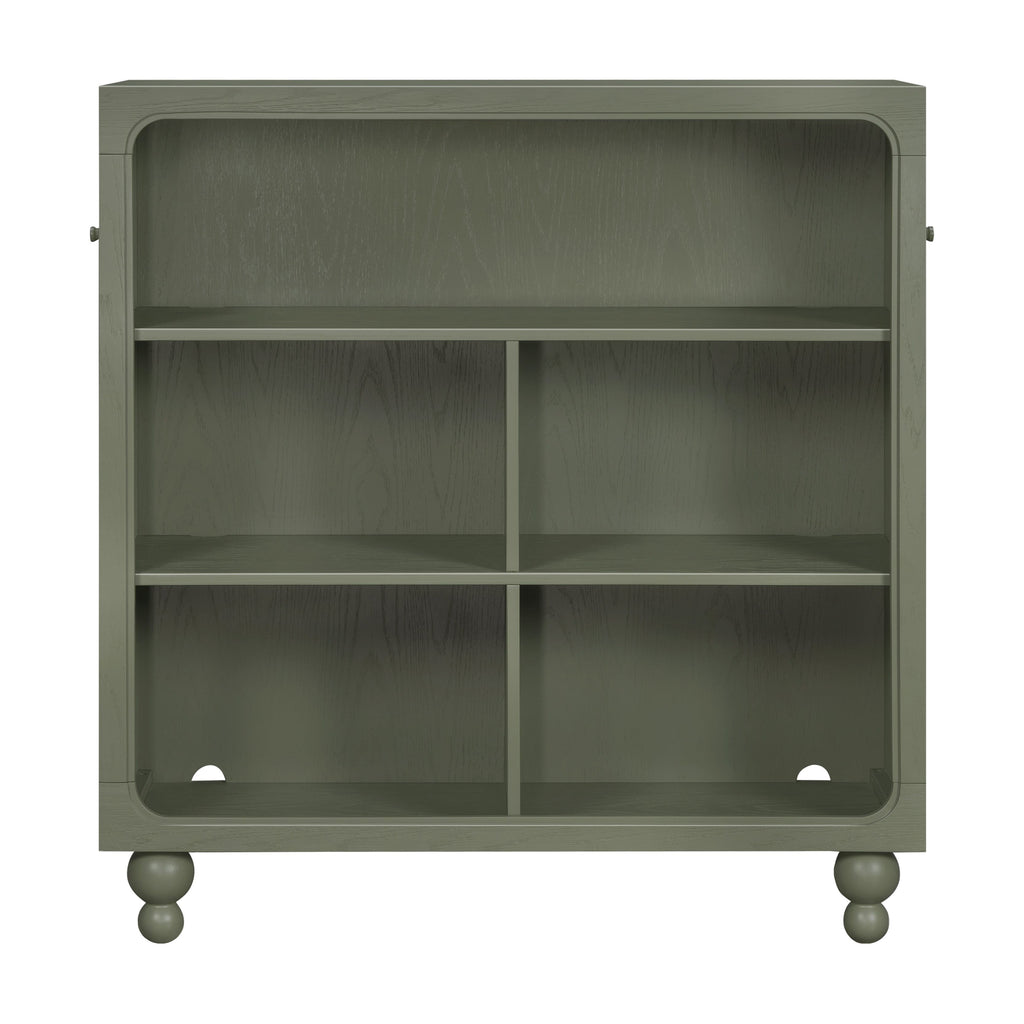 Front view of Astre Assembled Bookcase by Nate Berkus in Archival Elm showcasing rounded frame, open shelving, and spherical feet