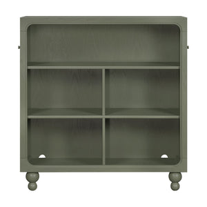 Front view of Astre Assembled Bookcase by Nate Berkus in Archival Elm showcasing rounded frame, open shelving, and spherical feet