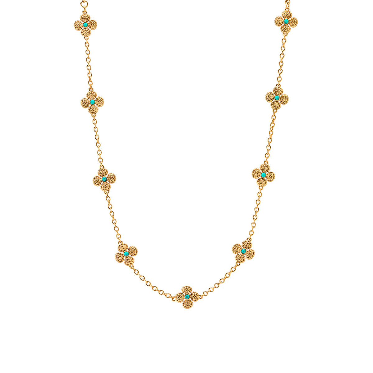 Front view of Berry Clover double sided 16 inch necklace showcasing gold chain with turquoise-centered clover stations on white background
