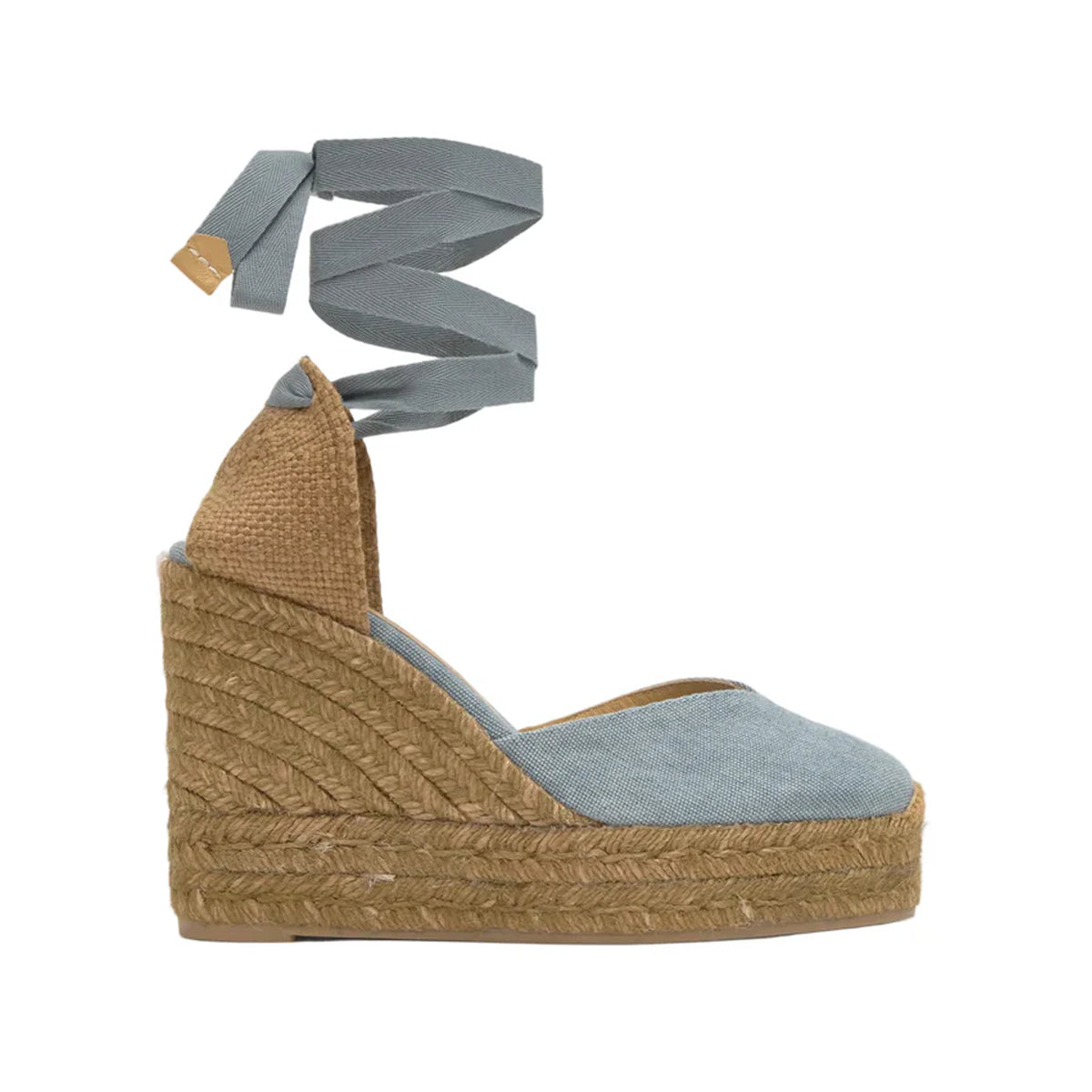Side view of Chiara 8ED espadrille wedge in aqua showcasing braided jute platform, closed toe and ankle wrap ribbons on white