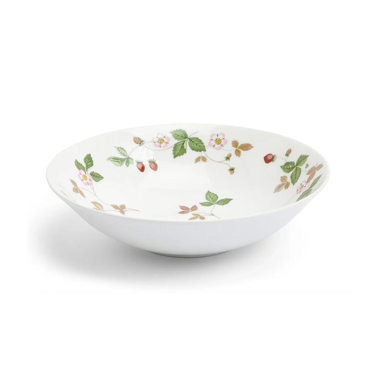 Angled view of Wild Strawberry Couped Bowl showcasing hand-painted strawberries, leaves, and pastel flowers with a white background