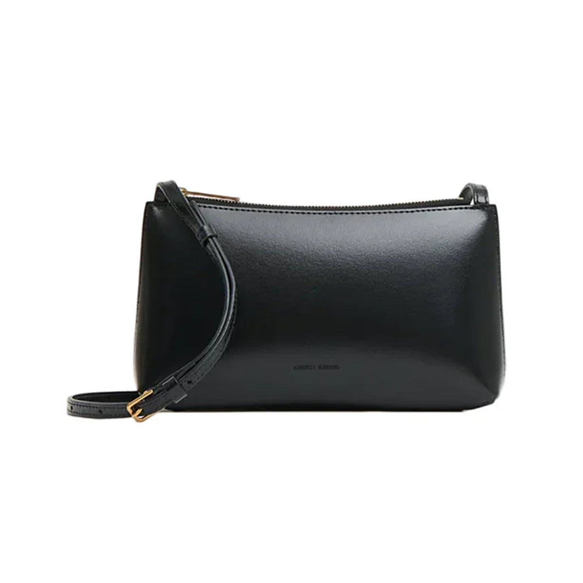 Front view of Mini Gaia Crossbody showcasing glossy black Spazzolato leather, zip-top closure and slim adjustable strap on white background