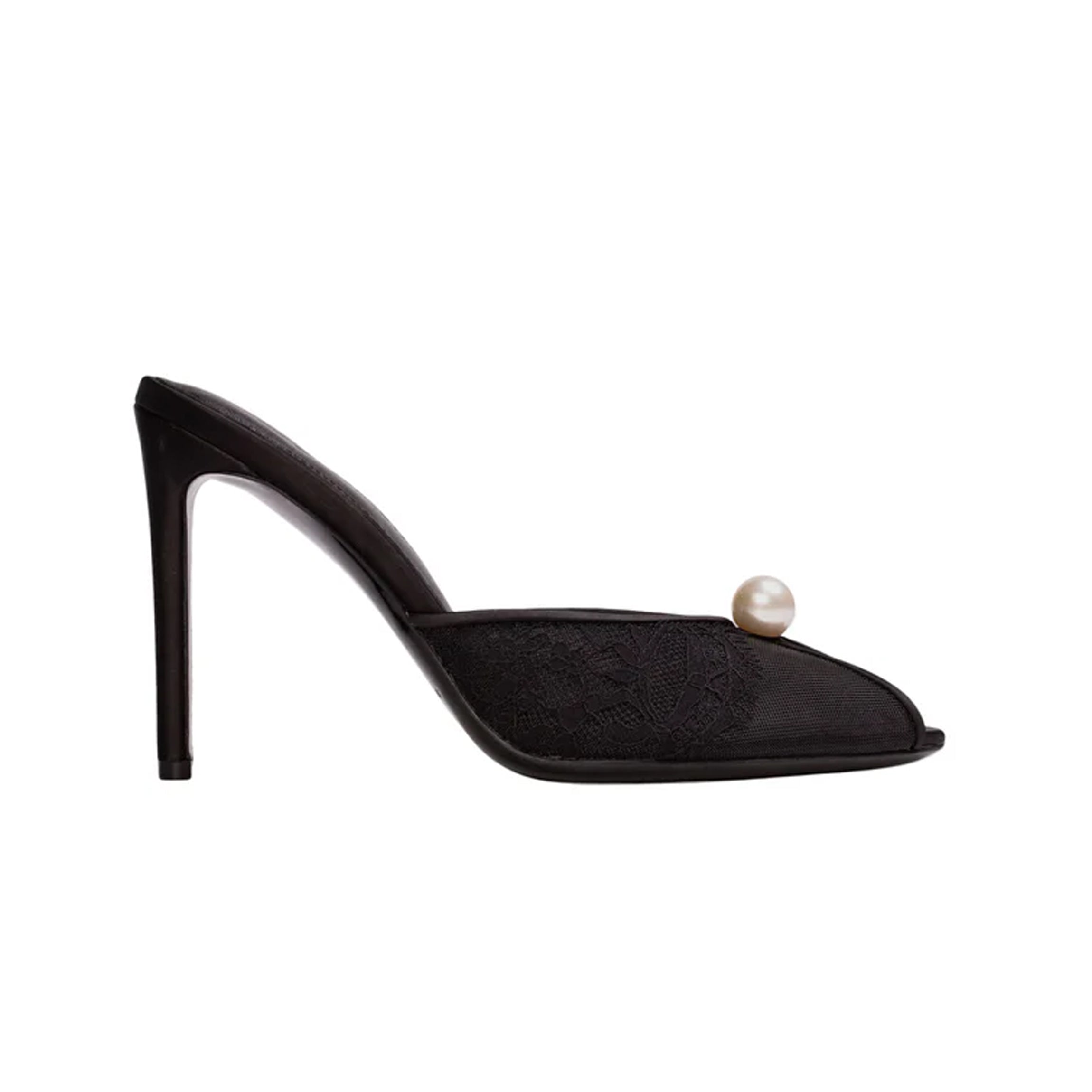 <p>The Debby 100 Mule in Black Mesh with Pearl Ornament