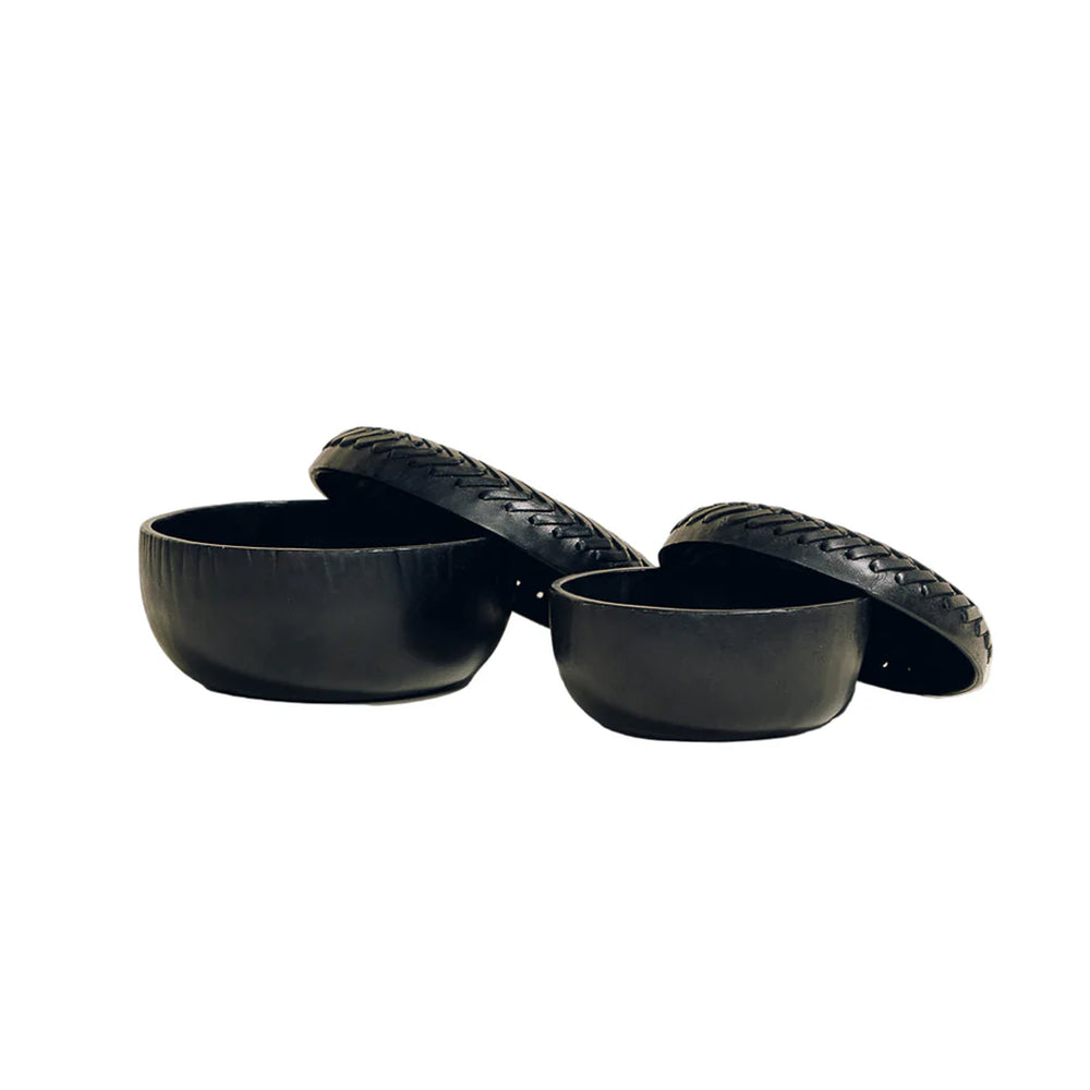 The Box in Black Leather Lace Trim, Set of 2
