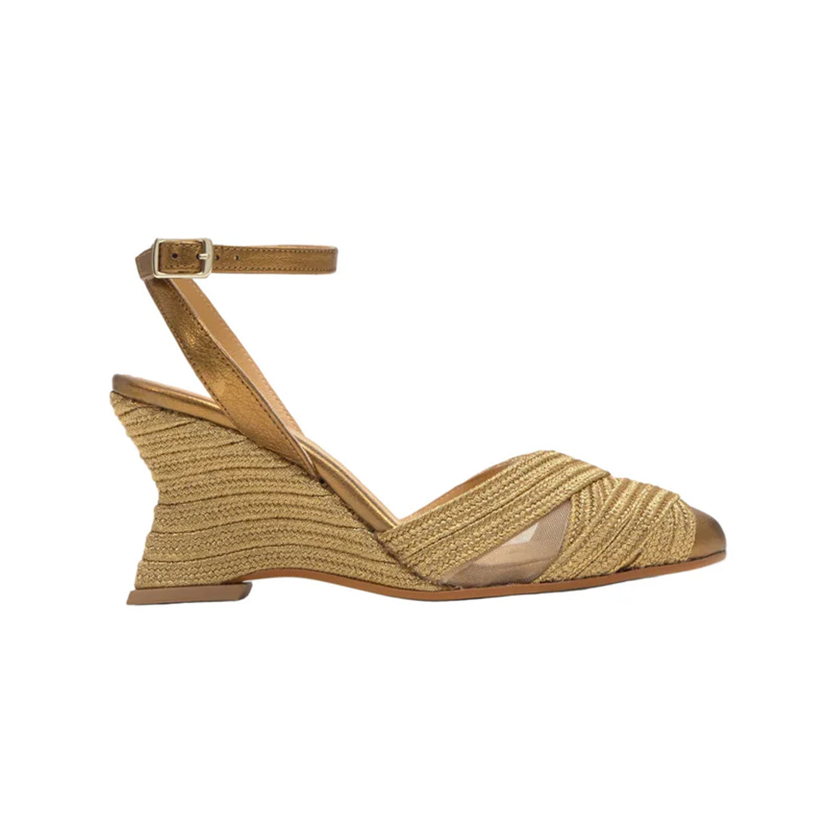 Side view of Joy espadrille in old gold showing braided metallic upper, ankle strap and jute-wrapped wedge on white