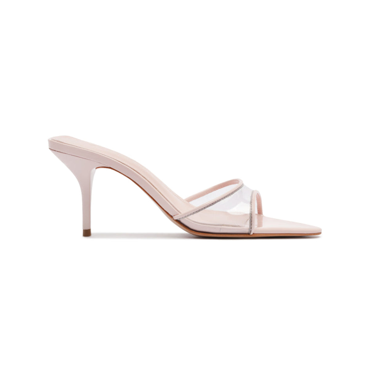 Side view of Elodie Vinyl sandal showing clear vinyl front strap, pointed toe, and blush patent mid heel on white background