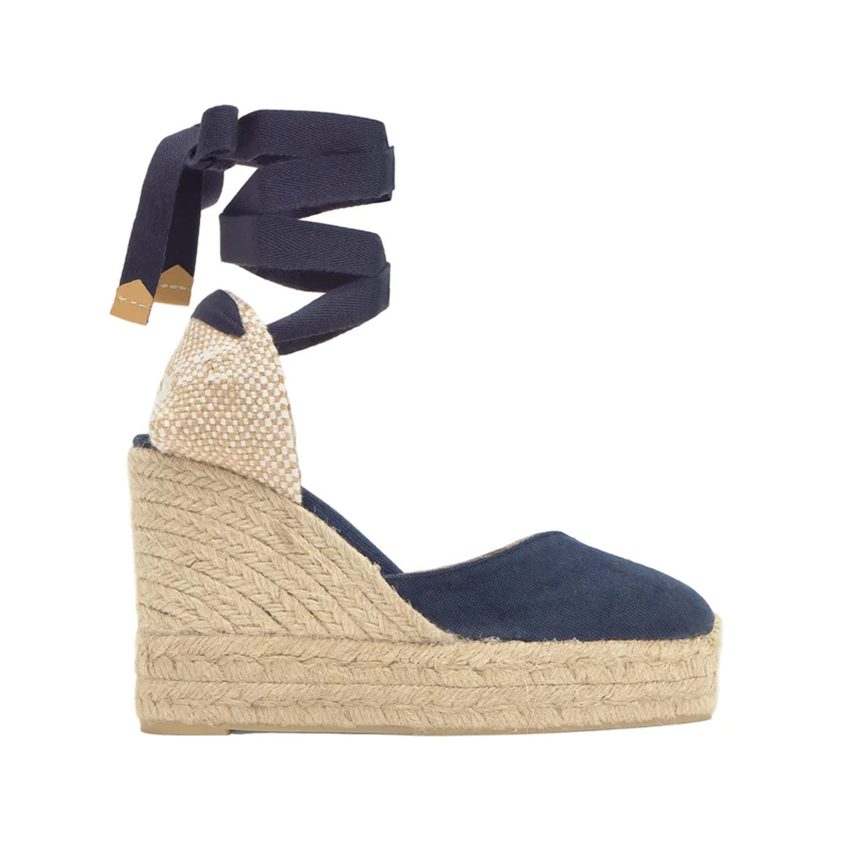 Side view of Chiara 8ED espadrille wedge in Oxford Blue showcasing jute platform, navy canvas closed toe and ankle wrap ties