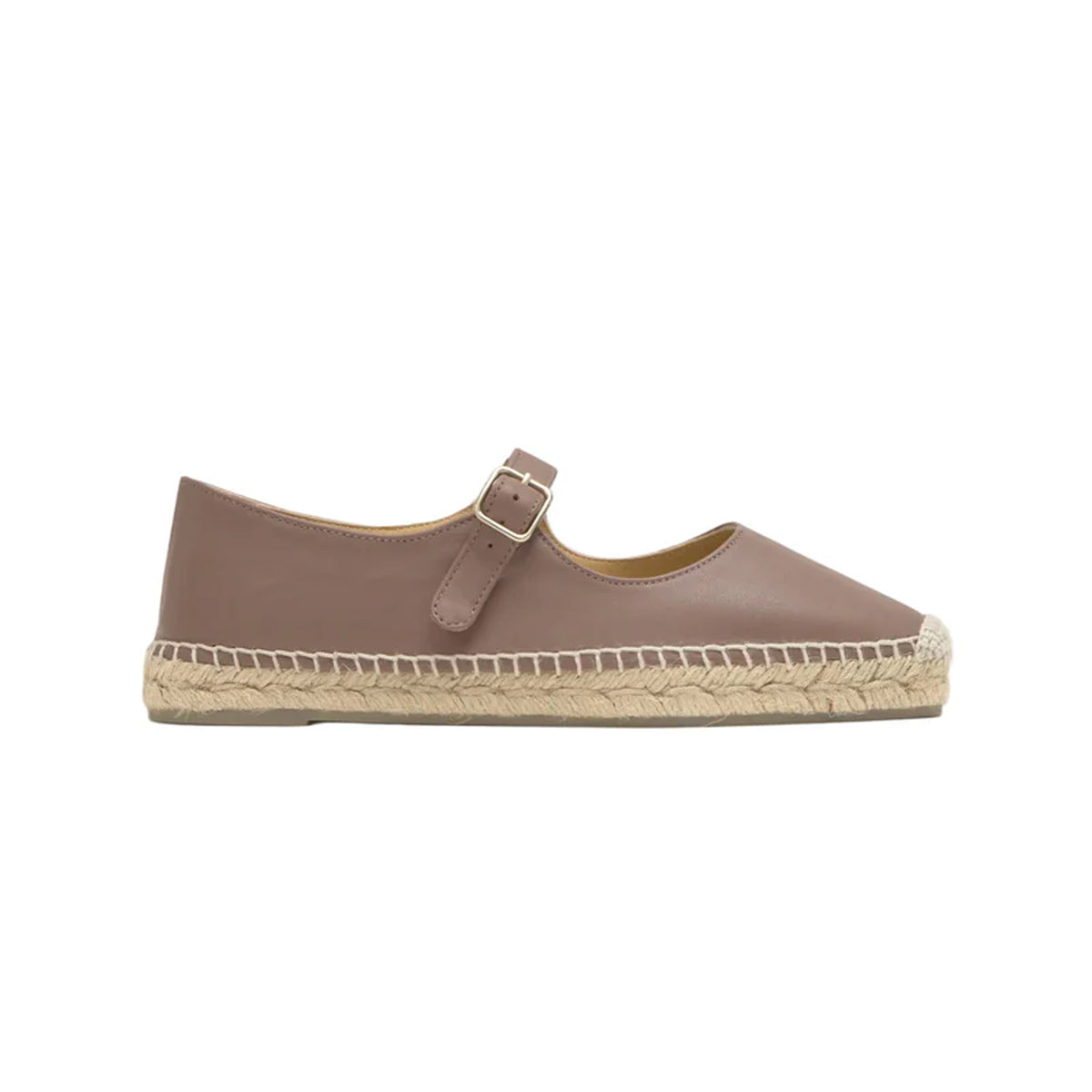 Side view of Pepa Espadrille in Taupe Leather showcasing its buckle closure and jute sole with a white background