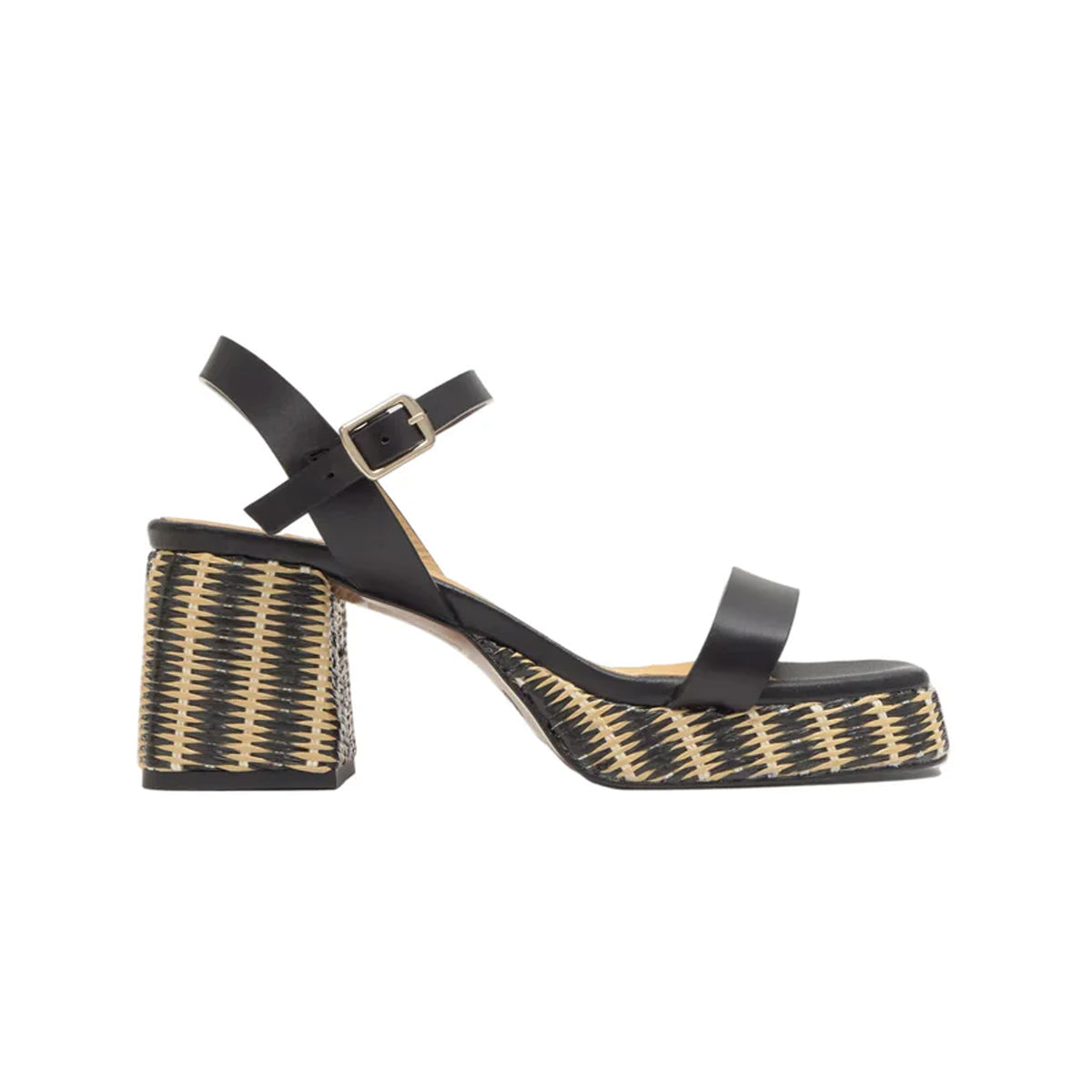 Side view of Voramar leather sandal in black showcasing jute-wrapped block heel, platform and adjustable buckle on white background