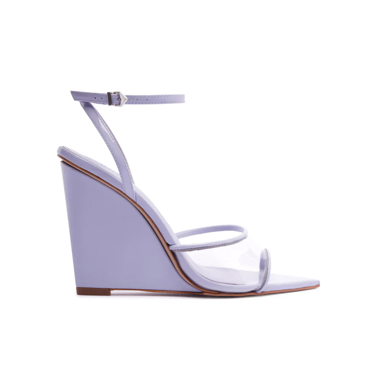 Side view of Elodie Vinyl sandal in Lavander Sky with translucent vamp, angled wedge heel and ankle strap