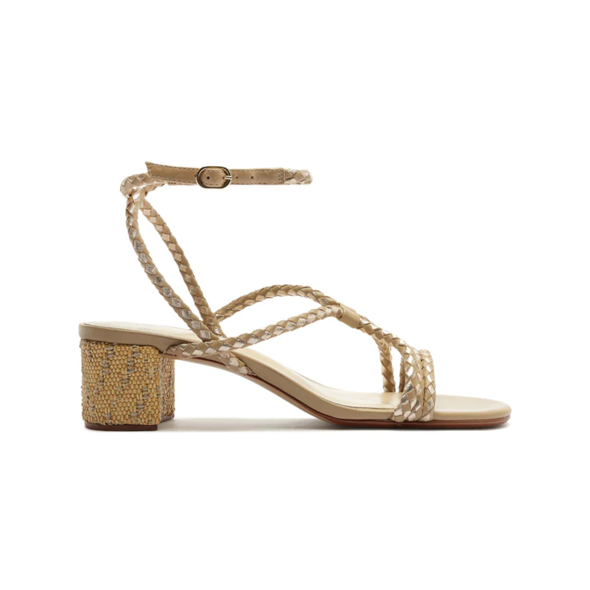 Side view of Elba 45 sandal in Semolina showcasing braided leather straps and raffia-wrapped block heel on white background