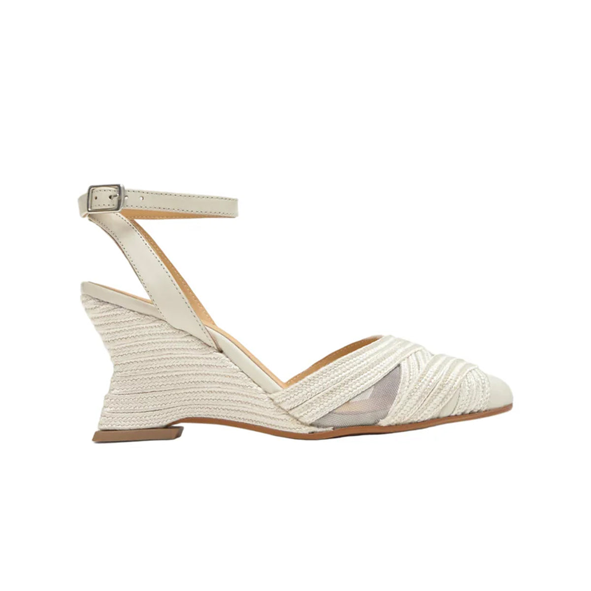Side view of Joy in White wedge espadrille with jute-wrapped geometric heel, braided V-cut upper and ankle buckle