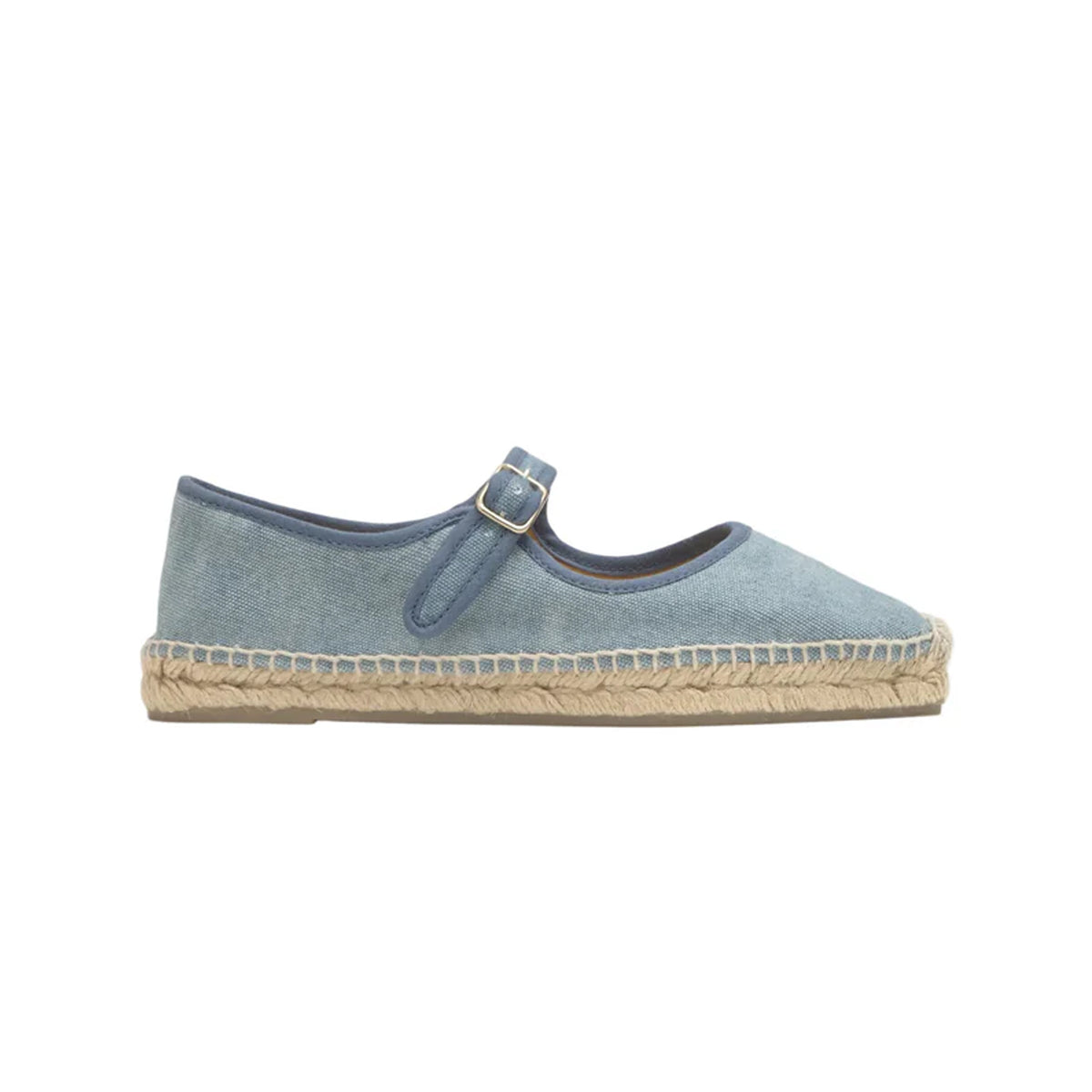 Side view of Padua espadrille in aqua showing Mary-Jane strap with buckle, jute sole and organic cotton upper on white