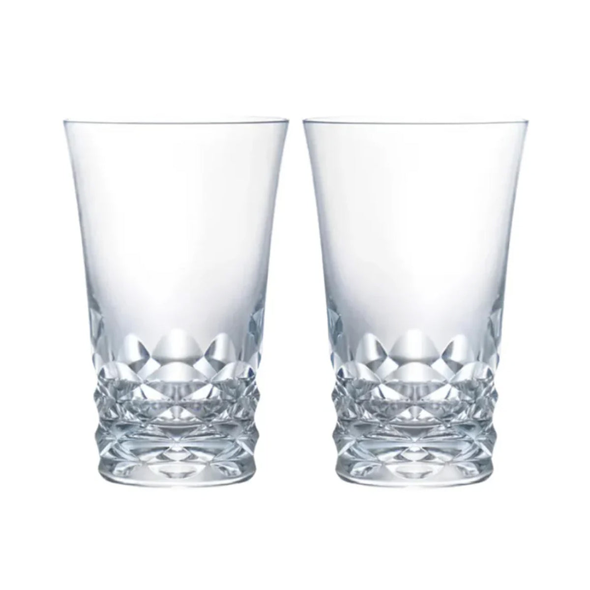 Front view of Everyday Swing Highball set of 2 showcasing cut crystal geometric bases with a white background
