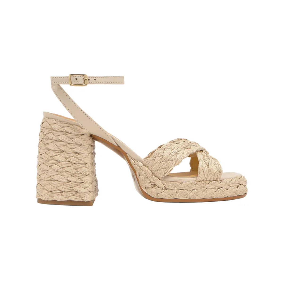 Side view of Valeriette sandal in ecru showing braided raffia platform and block heel with ankle strap on white background