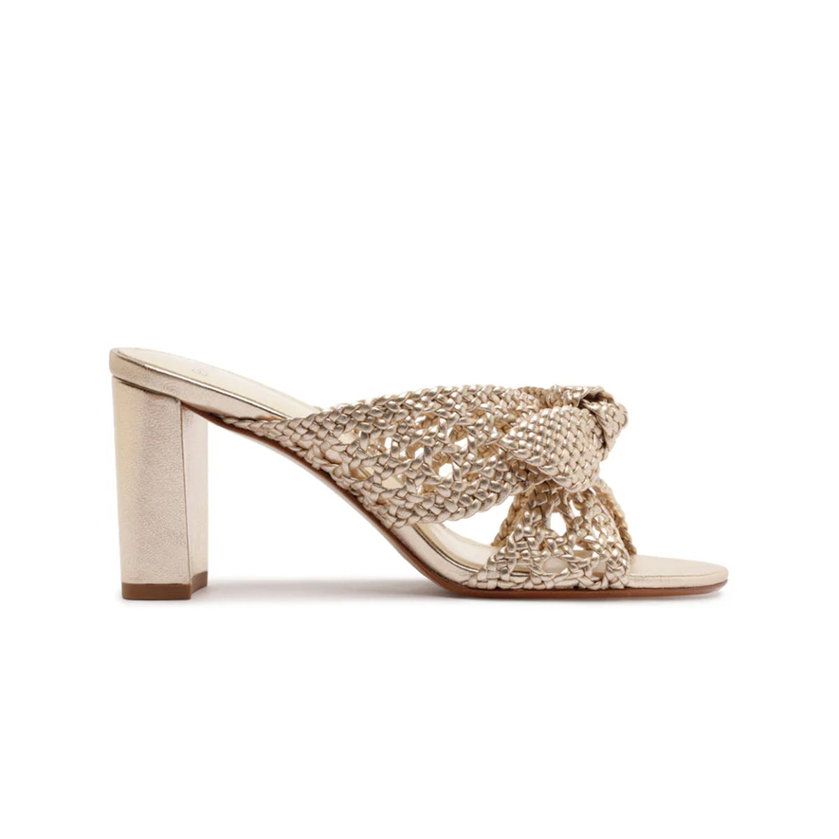 Side view of Belinda 75 mule in golden metallic showing woven X shaped upper and 75mm block heel on white background