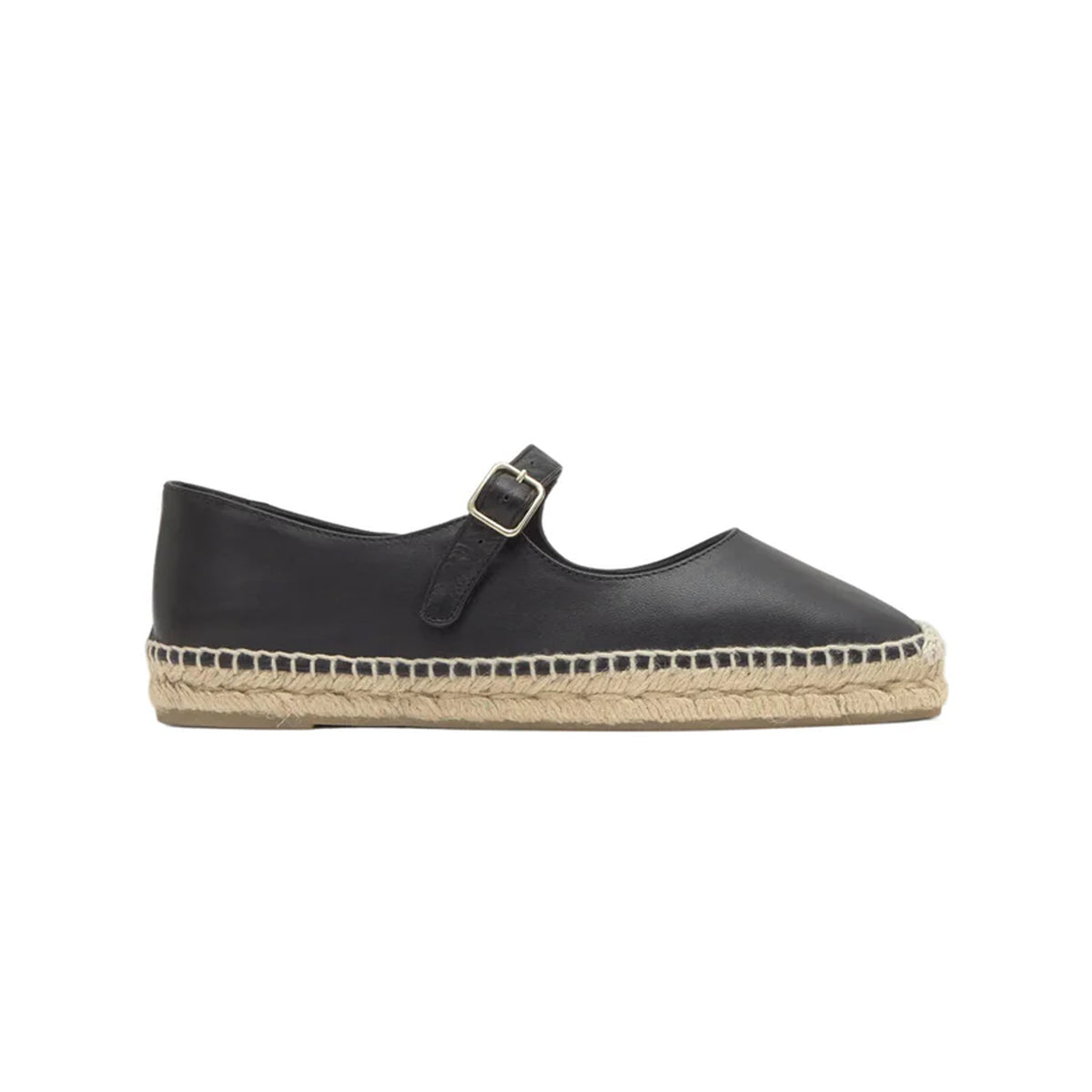 Side view of Pepa Espadrille in Black showcasing nappa leather upper, buckle strap, and jute sole on white background