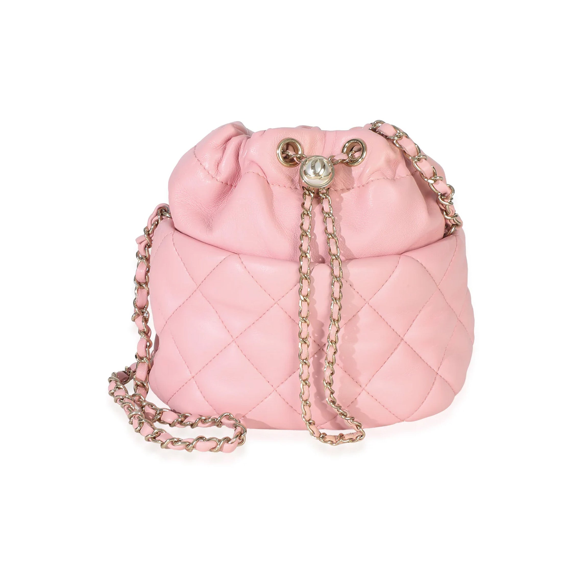 Chanel Pink Quilted Lambskin Pearl Drawstring Bucket Bag | myGemma