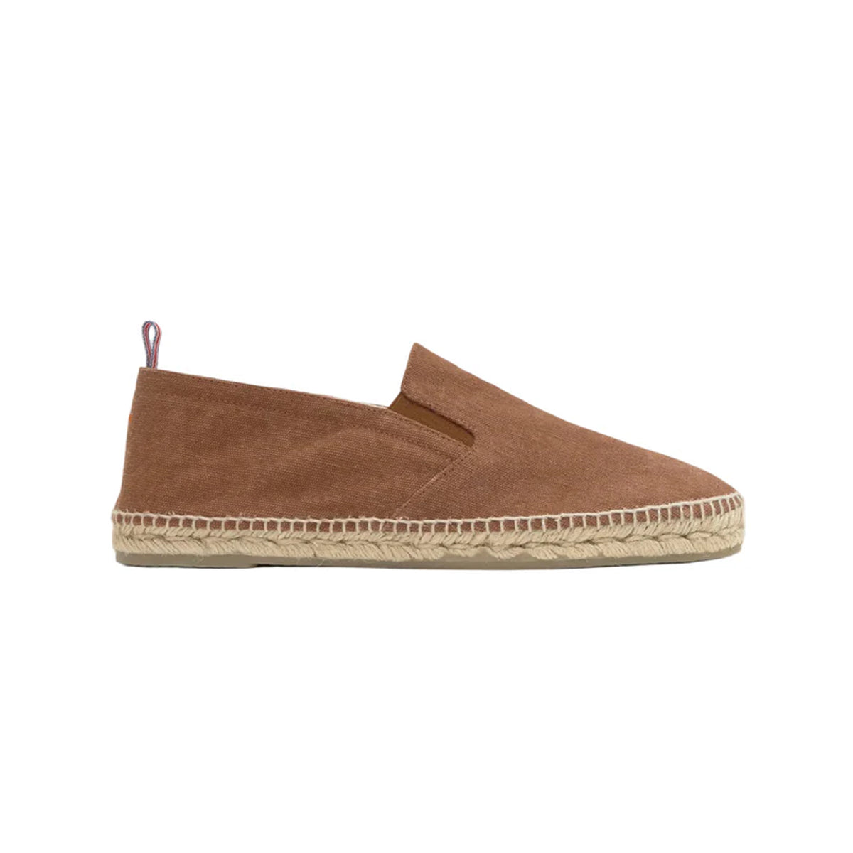 Side view of Joel 2 espadrille in pecan showing slip-on cotton upper and braided jute sole on white background