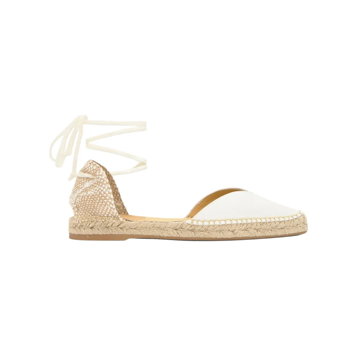 Side view of Brava espadrille in ecru with pointed satin toe, velvet ankle ties, and hand-stitched jute sole on white background