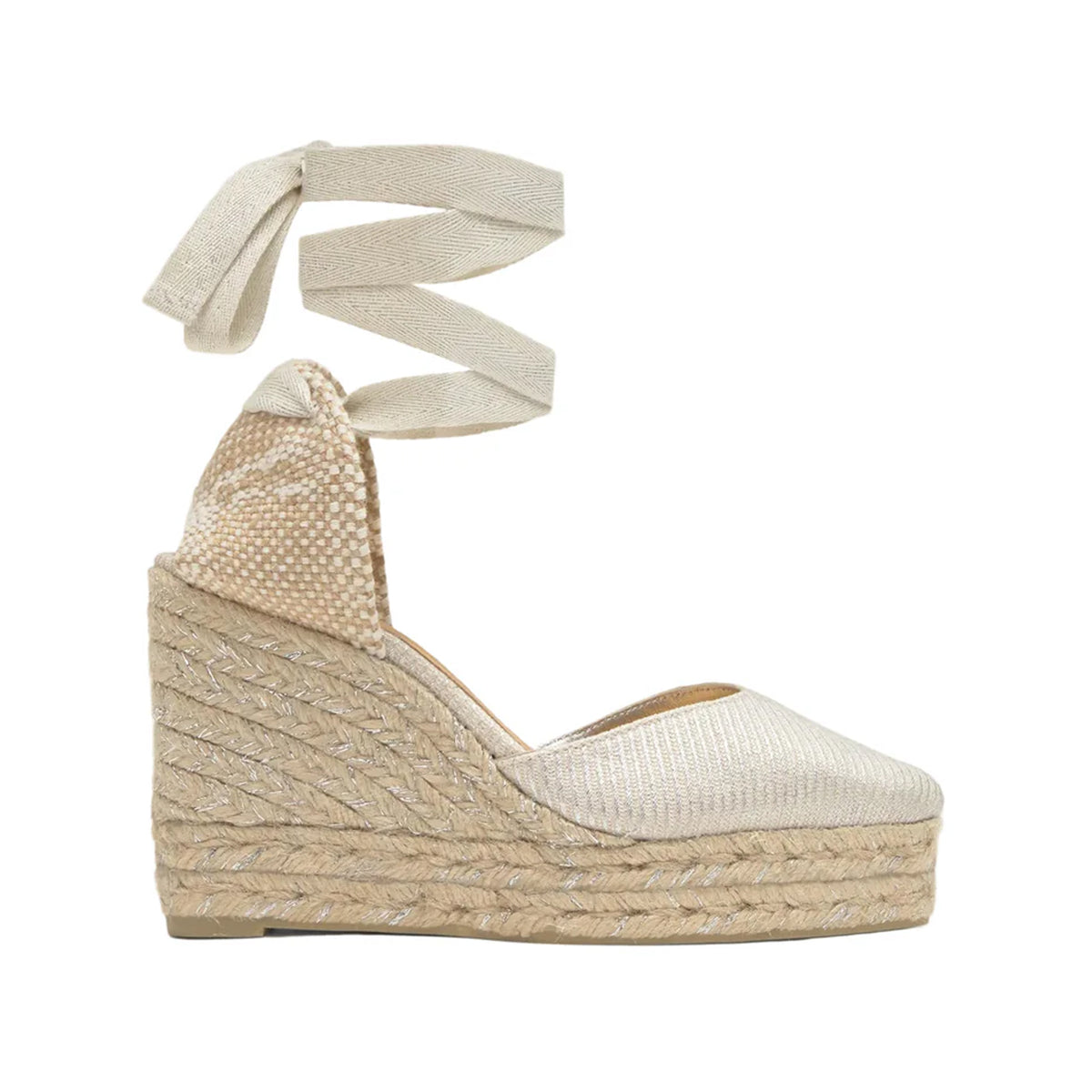 Side view of Joyce 8ED espadrille showing jute wedge double platform, pointed toe and ankle ribbon tie on white background