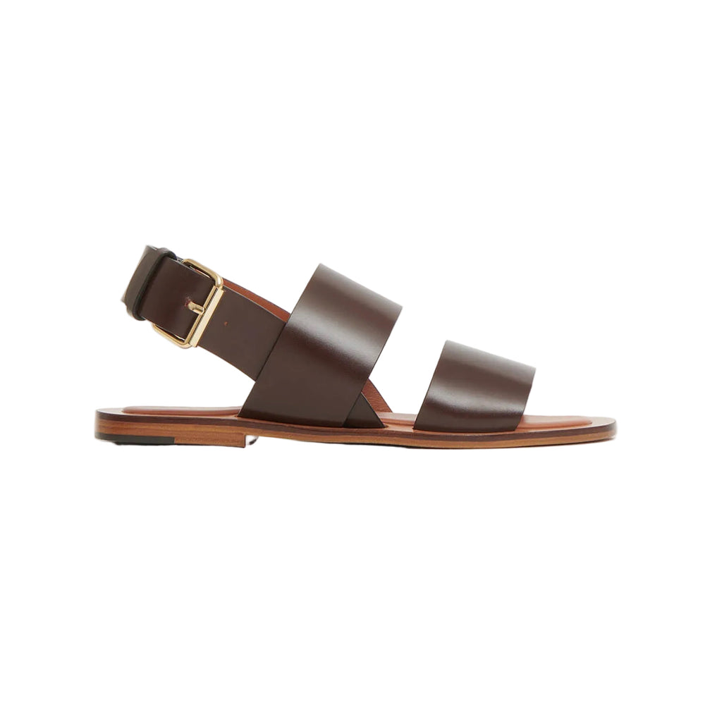 Side view of Double Strap Sandal in Chocolate with two wide leather straps, buckle ankle strap, low stacked sole on white
