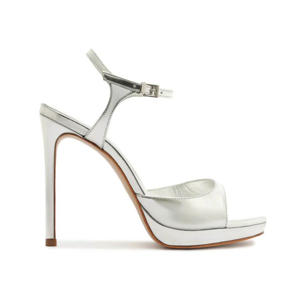 Side view of Scarlett platform metallic sandal in silver showcasing stiletto heel, platform, and ankle strap