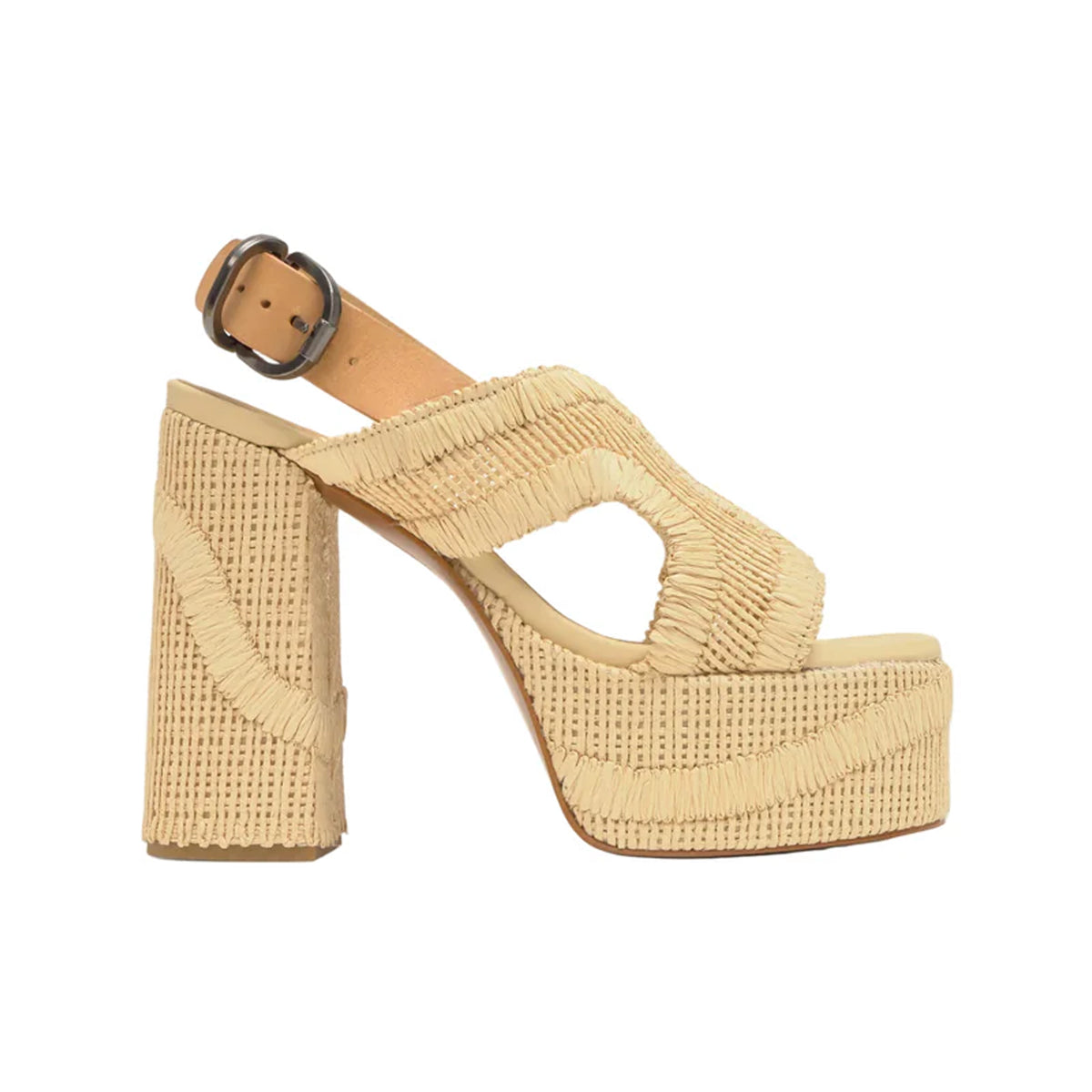 Side view of Francina wedge sandal in natural raffia showing cutout straps, jute platform and buckle ankle strap on white background