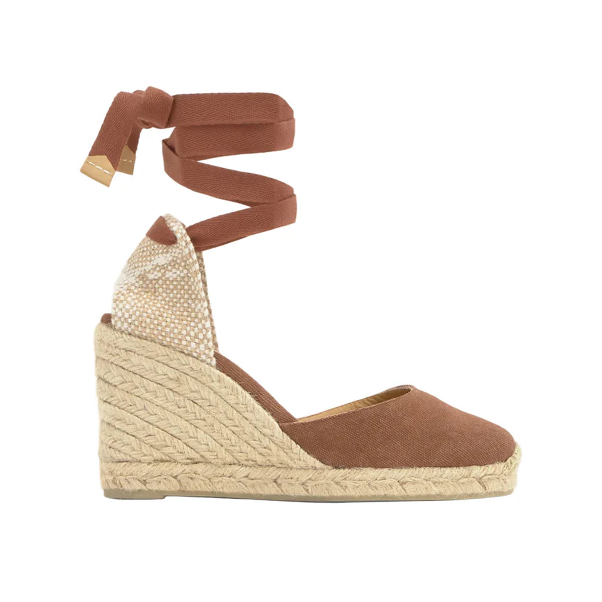 Side view of Carina 8 espadrille in pecan showcasing braided jute wedge, brown canvas upper and wrap ankle ties on white