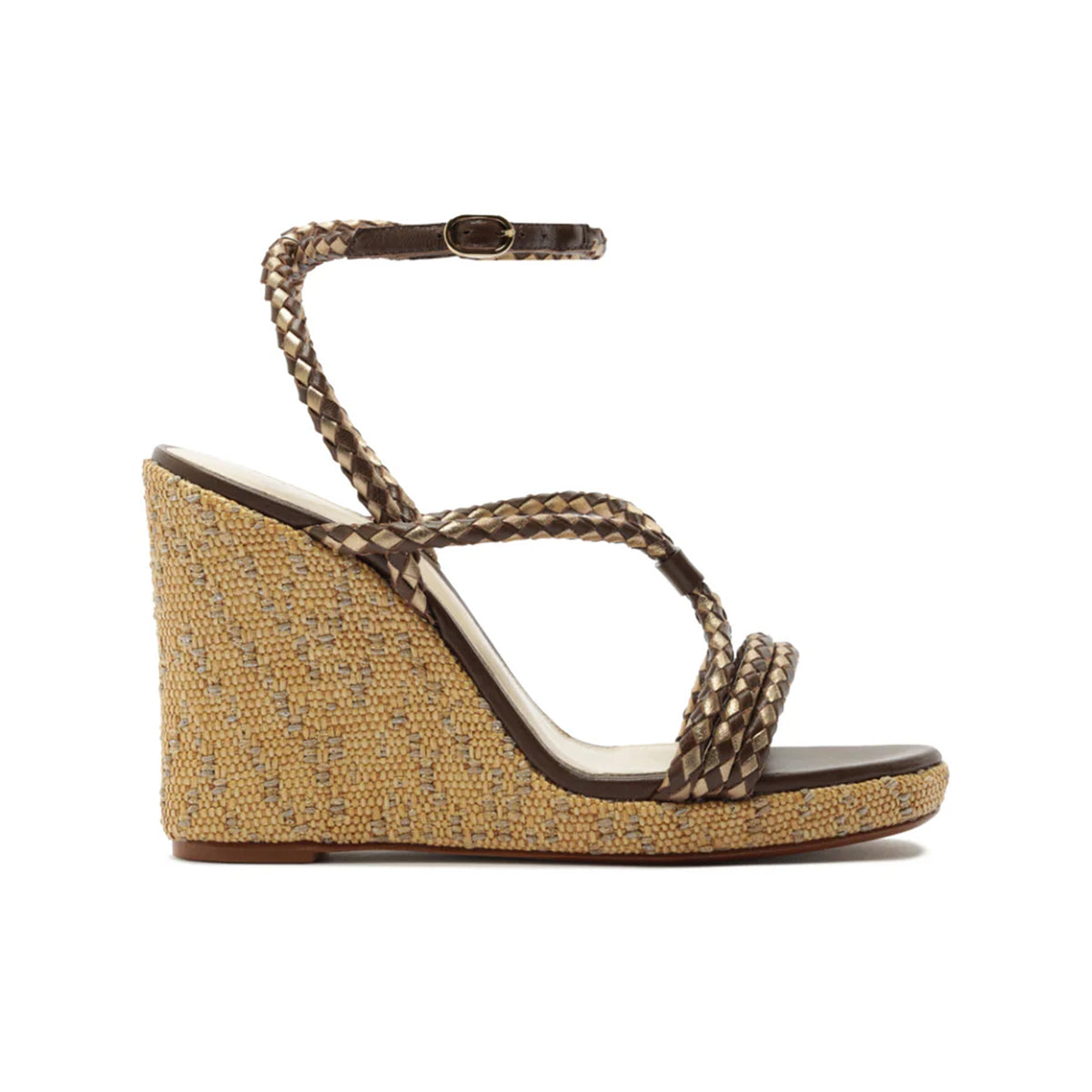 Side view of Elba 100 wedge sandal showcasing braided leather straps, ankle buckle, and woven raffia platform on white background