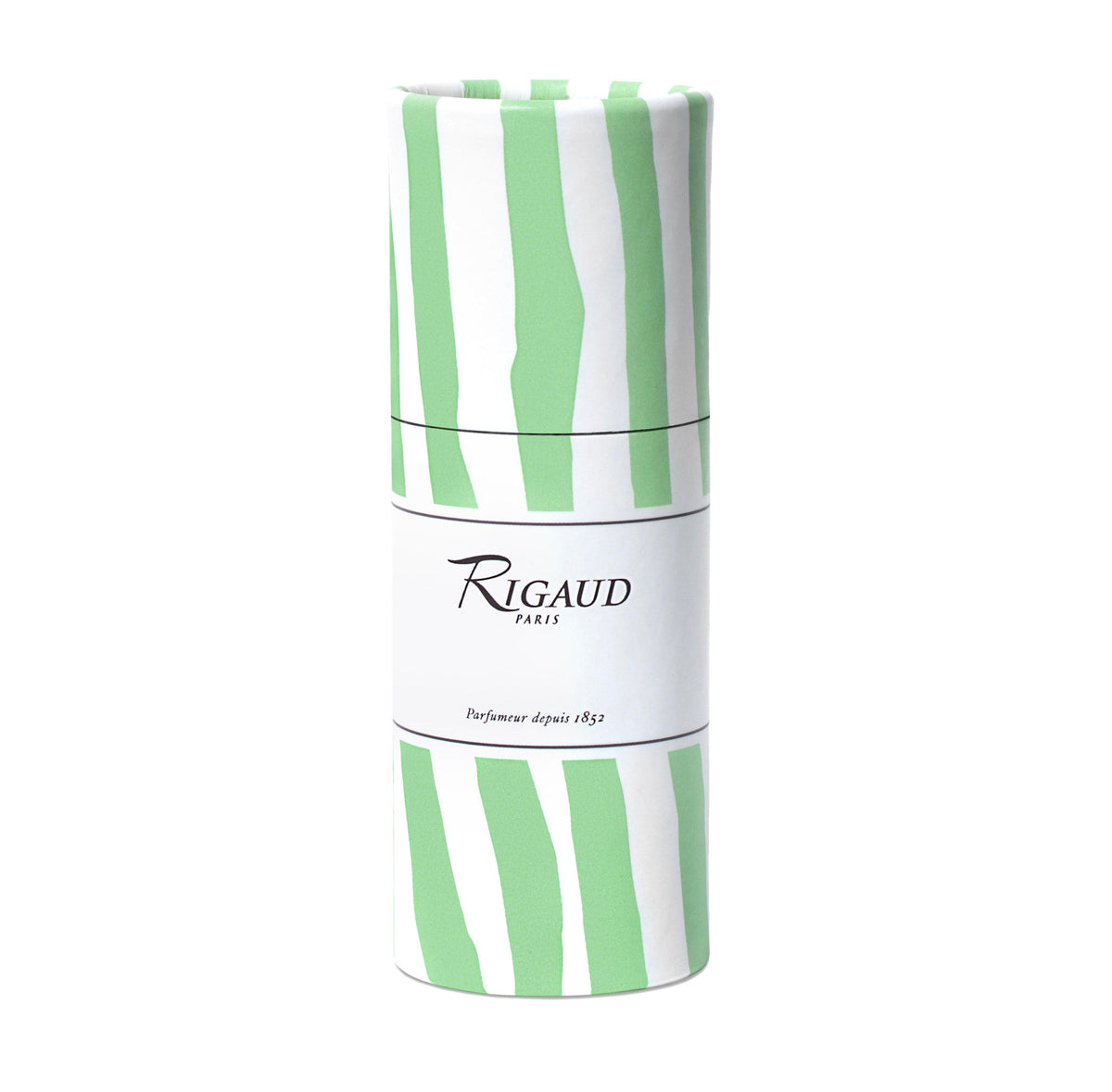 Front view of Jasmin de Printemps match tube showing green and white striped cylindrical packaging with Rigaud Paris label on white background