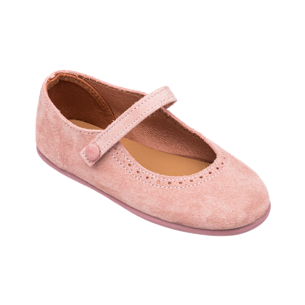 Three-quarter view of the Suede Mary Jane Rose showcasing pink suede leather, brogue detailing, and single strap on white background