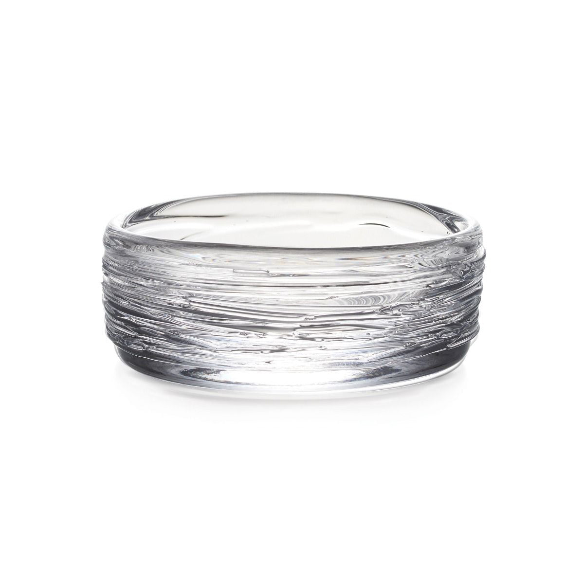 Front view of Echo Lake wine coaster showing wrapped molten-glass texture on clear glass against white background