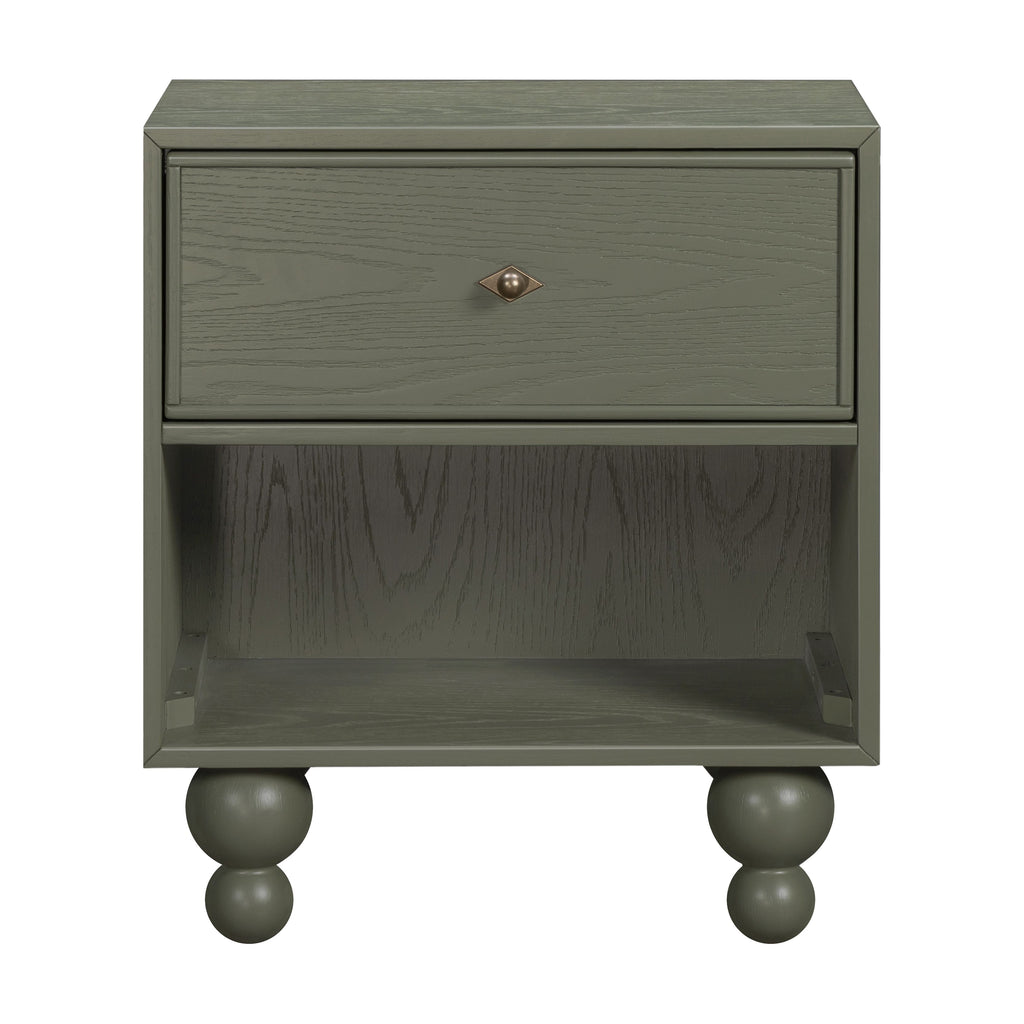 Front view of Astre Assembled Nightstand by Nate Berkus in Archival Elm showing drawer, open shelf, and ball feet on white