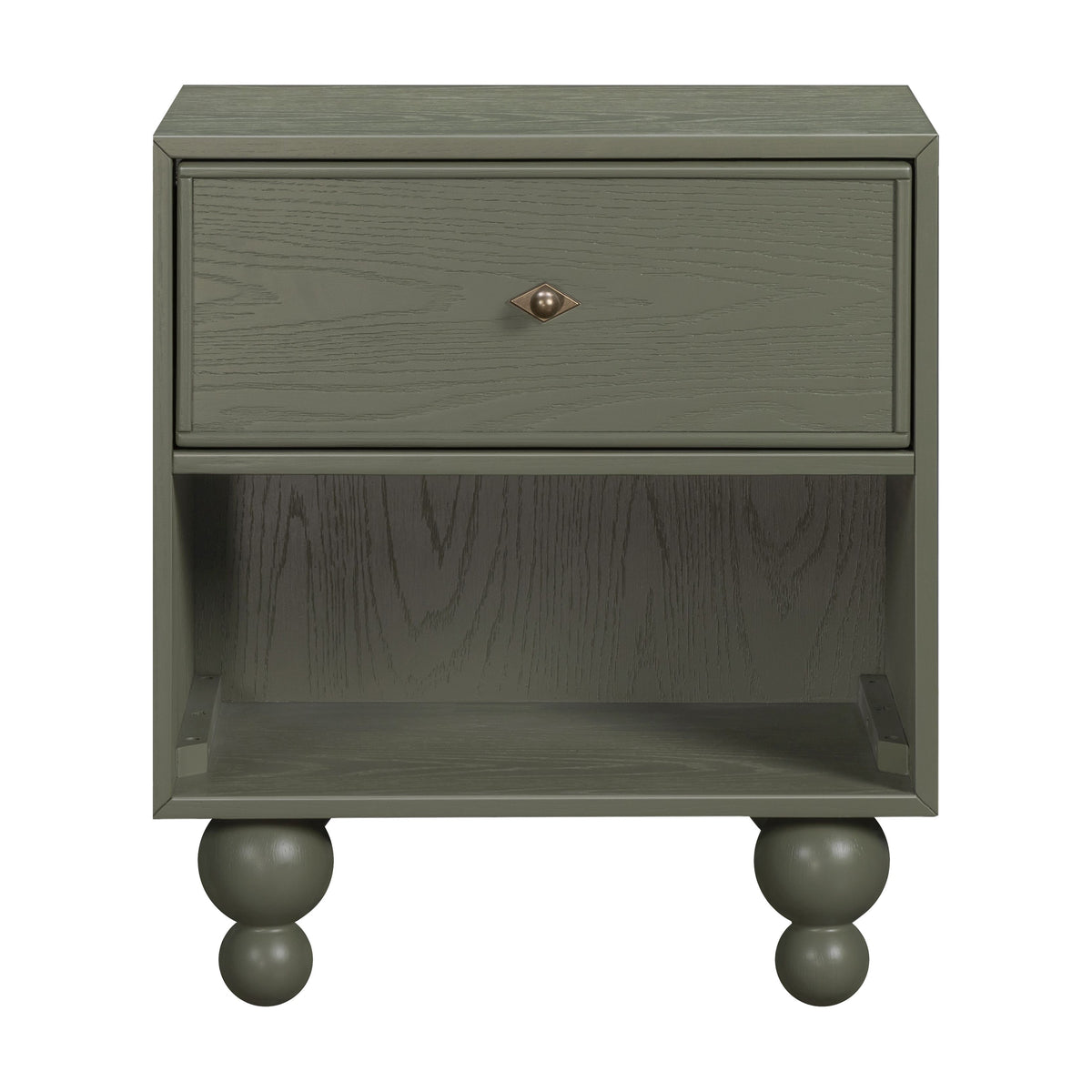 Front view of Astre Assembled Nightstand by Nate Berkus in Archival Elm showing drawer, open shelf, and ball feet on white