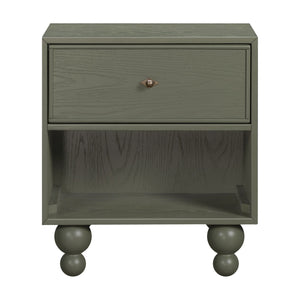 Front view of Astre Assembled Nightstand by Nate Berkus in Archival Elm showing drawer, open shelf, and ball feet on white
