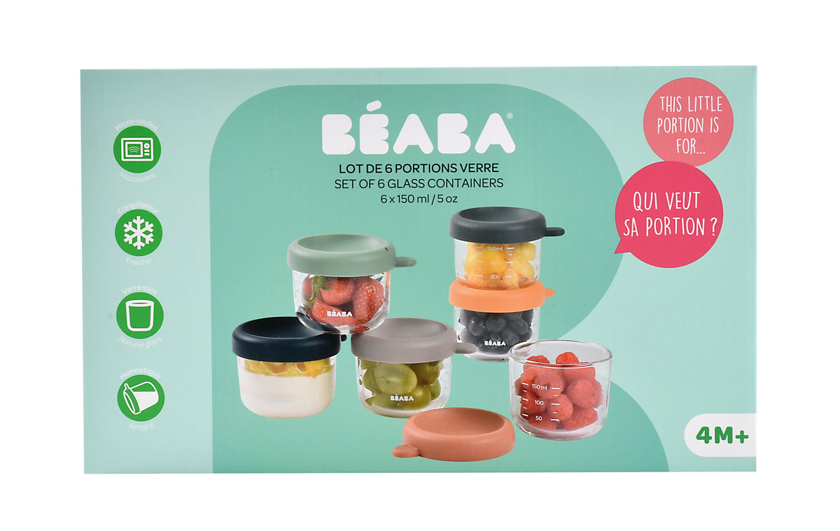 Front view of Glass Baby Food Jars, 5 oz, showcasing six glass containers with silicone lids and puree fillings on an aqua background