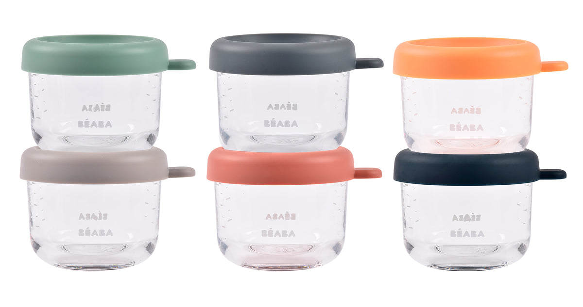 Front view of Glass Baby Food Jars 5 oz in Sunrise Pack of 6 showcasing silicone lids and graduations on white background