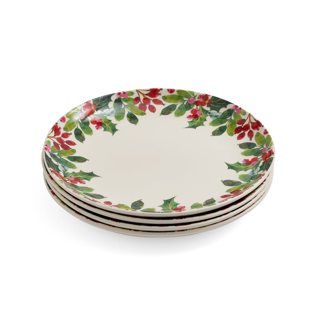 Botanic Garden Christmas Holly 10.75" Dinner Plates in Berry, Set of 4
