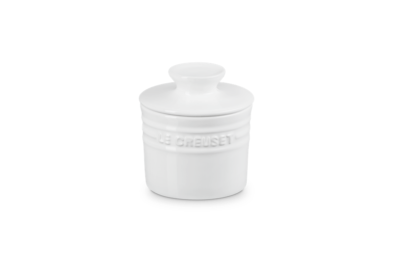 Front view of Butter Crock 6 oz showcasing embossed Le Creuset logo and fitted lid on white background with soft shadow