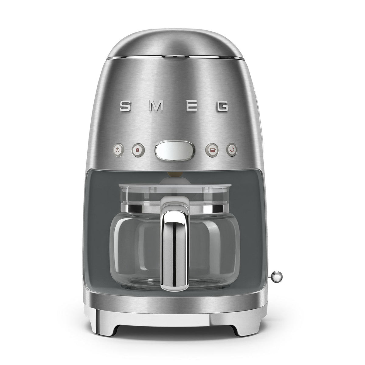 Front view of SMEG drip coffee machine showing 10-cup glass carafe and stainless steel body on white background