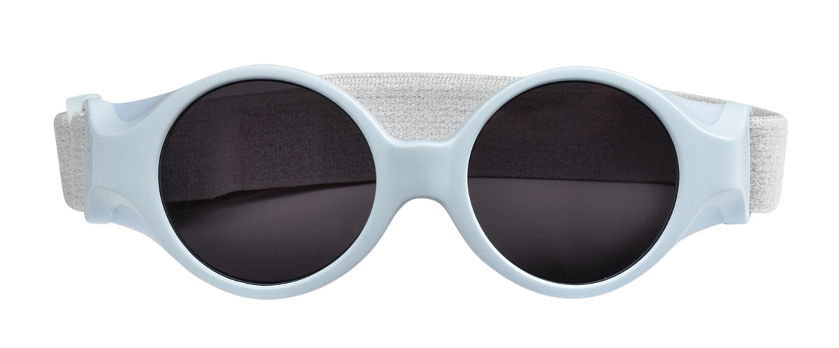 Front view of Glee Infant Sunglasses in Pearl Blue with dark lenses, side shells, and elasticated headband on white background
