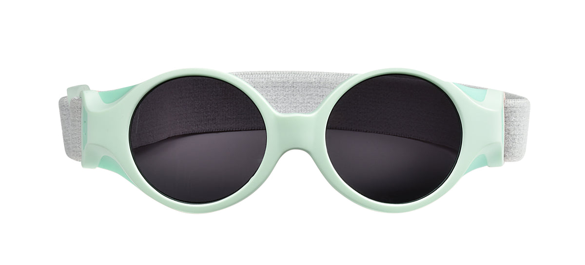 Front view of Glee Infant Sunglasses in Aqua showcasing dark lenses and elasticated headband with a white and gray background